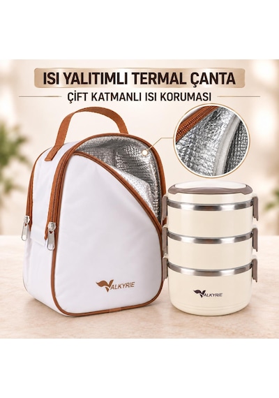 Valkyrie 3 Katlı 304 Paslanmaz Çelik Yemek Termosu Isı Yalıtımlı Sızdırmaz Sefer Tası Termal Çantalı Krem