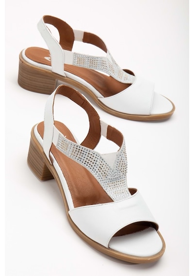 Analin Shoes Kadın Hakiki Deri Lastikli Rahat Taşlı Sandalet Kot Mavi Beyaz