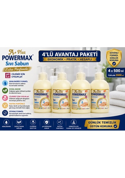 Powermax A Plus Extra Sıvı Sabun 500 Ml X4 Set El Temizleme Sabunu
