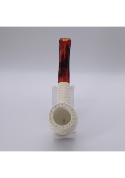 El Oyması Lületaşı Pipo Nokta İşlemeli Rustik Model, Kehribar Desenli Akrilik Ağızlık 14 Cm