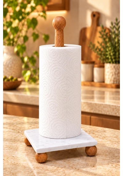 Atbyhome 2'li Mermer Kağıt Havluluk Ve Ahşap Ayaklı Tezgah Üstü Sunum Standı Yağdanlık Altlığı Seti Beyaz