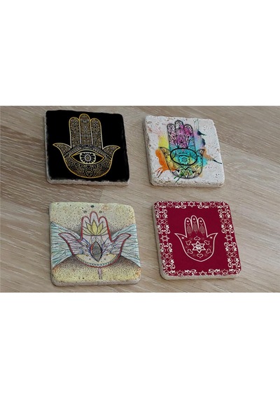 Fatıma'nın Eli Doğal Taş Bardak Altlığı 4'lü Set - Natural Stone Coasters - Taş Çok Renkli