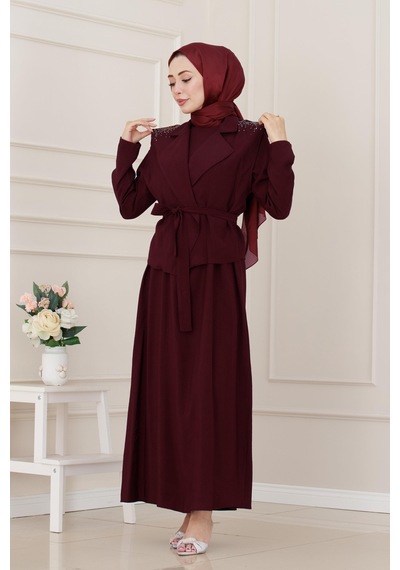 Sevitli Yeleği Taş Detaylı Tensel Elbise-bordo-5290