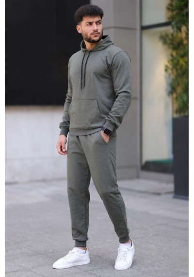 Tarzyeri Erkek İki İplik Kapüşonlu Kanguru Cepli Sweatshirt Jogger Pantolon Alt Üst Eşofman Takımı - Haki