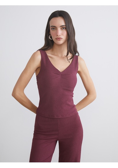 Lcw Vision Bordo V Yaka Dokulu Büzgülü Bluz