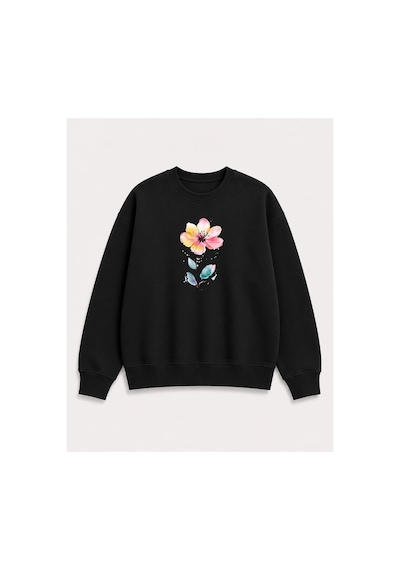 Herkesemoda Çiçek Baskı Detaylı Bisiklet Yaka Şardonlu 2 İplik Sweatshirt Siyah