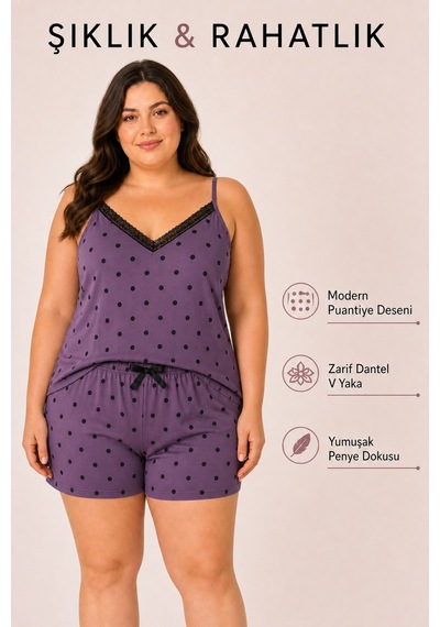Bravie Kadın Büyük Beden İp Askılı Yakası Dantelli Mor Puantiye Desenli Yazlık Pijama Takımı