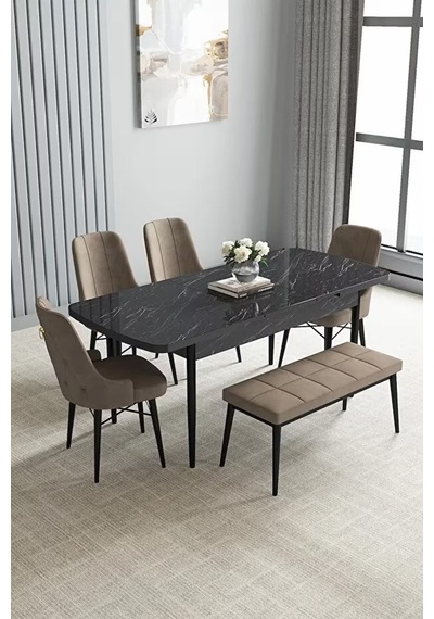 Loft Siyah Mermer 80x132 Açılabilir Mdf Masa Yemek Odası Takımı, Mutfak Takımı 4 Sandalye, 1 Bench Cappuccino Loft Siyah Mermer 80x132 Açılabilir Mdf Masa Yemek Odası Takımı, Mutfak Takımı 4 Sandalye, 1 Bench Cappuccino