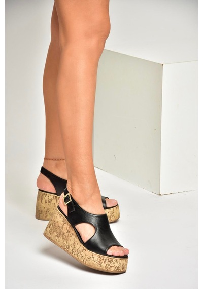 Fox Shoes U996755009 Siyah Dolgu Topuklu Kadın Ayakkabı Siyah-suni Deri