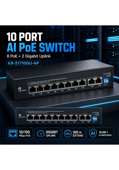 Kr-s1710gu-ap 8+2 Port Aı Poe Switch 8 Poe, 2 Gigabit Uplink, Vlan Ve 300 Metre Extend