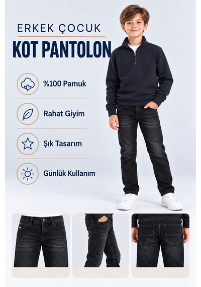 Ahengim Erkek Çocuk Kot Pantolon Likralı Yıpratmalı Fit Düz Paça Cepli Jean Ak1213 Siyah