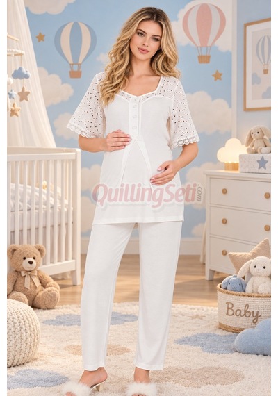 Lady Dantel Detaylı 33207 Kısa Kol 2 Parça Lohusa Hamile Pijama Takımı Ekru Renkli