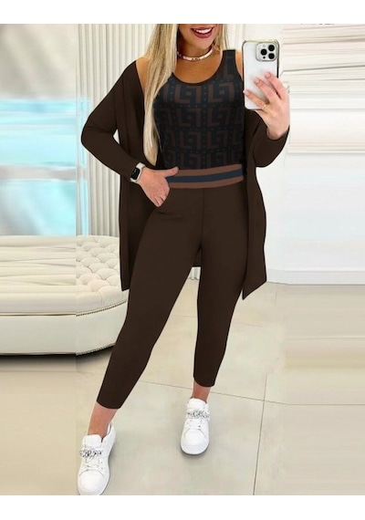 Defymoda Kadın Uzun Kollu Krep Üçlü Takım Kahve