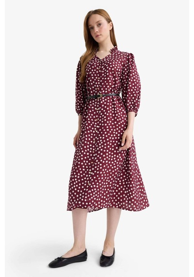 Defacto Relax Fit V Yaka Puantiyeli Yarım Kollu Elbise F5494ax25aubr375 Bordo