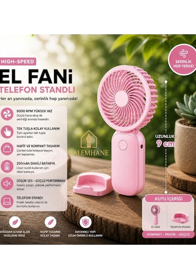 Kalemhane Mini El Fanı- 3 Kademeli Turbo Güç Pembe