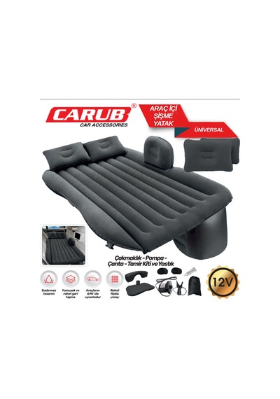 Carub Br4620645 Araç İçi 12v Şişme Yatak Pompa Ve Yastık Seti Siyah