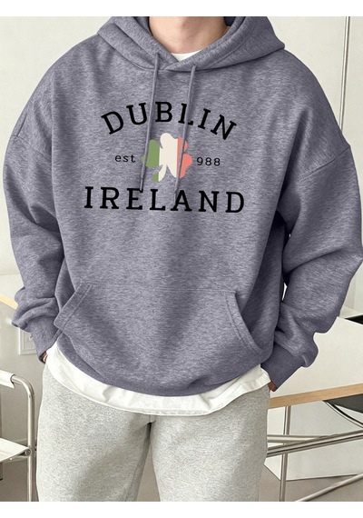 Startmore Startmoredublin İrlanda Est 988 Baskılı Günlük Polar Kapüşonlu Üstler Erkek Sokak Giyim Bol Kıyafetler Gri