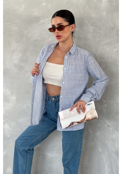 Femelle Kadın Mavi Çizgili Slim Fit %100 Pamuk Gömlek