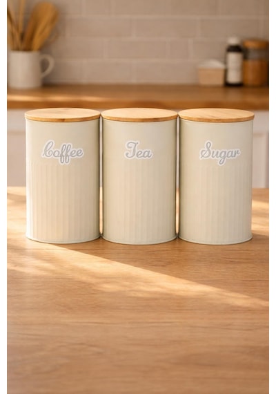 Bambu Kapaklı Metal Çay Kahve Şeker Kavanoz Seti Krem