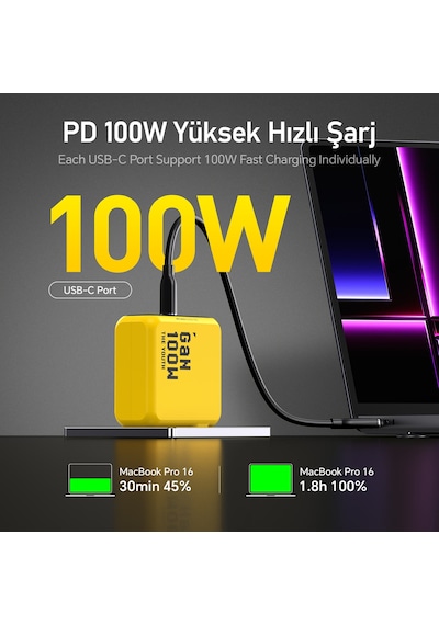 Aohi Youth 3 Portlu 100w Şarj Adaptörü, Led Ekranlı 140w Hızlı Şarj Kablosu Seti