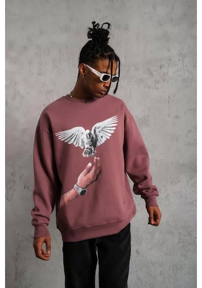 Erkek Güvercin Baskılı Sweatshirt - Gül Kurusu Gülkurusu