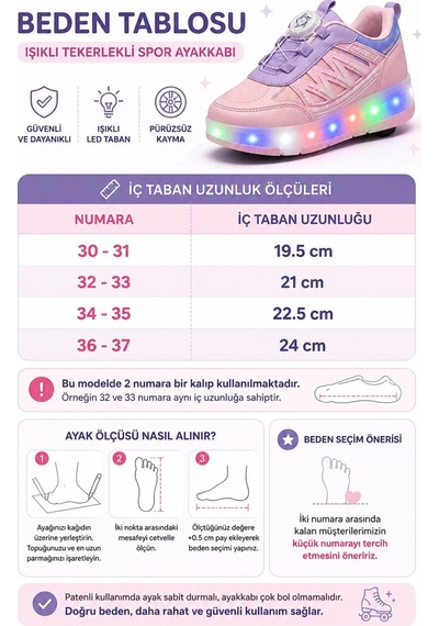 Ceylan Cyln 2620 Kız Çocuk Işıklı Patenli Spor Ayakkabı Kol Saati Hediyeli Pudra