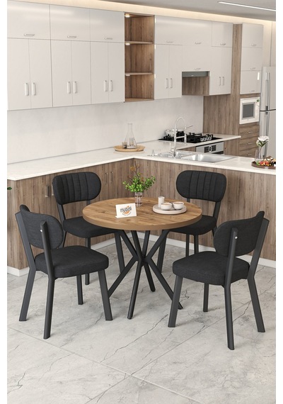 Gnr 90cm Sabit Atlantik Mutfak Masası Takımı, Yemek Masası, 4 Modern Siyah Sandalye Siyah