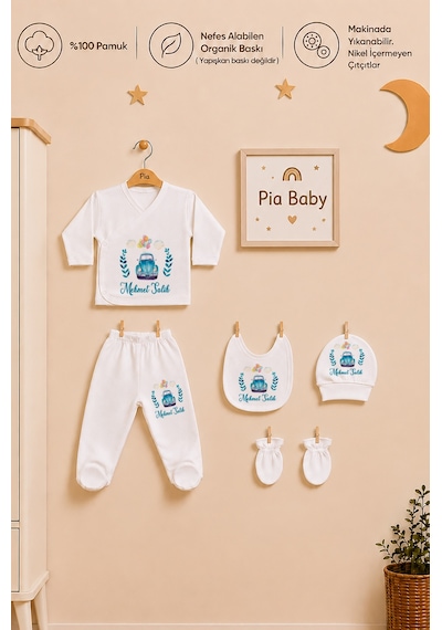 Pia Baby Kişiye Özel %100 Pamuk 5 Parça Erkek Bebek Zıbın Seti 2078z3x Krem