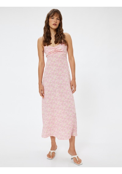 Koton Keten Karışımlı Midi Boy Çiçekli Askılı Elbise Slim Fit Drape Detaylı Pembe Desenli 4sak80474pw Pembe