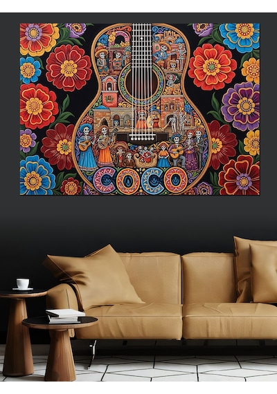 Renkli Desenli Soyut Mandalalar Ve Klasik Gitar Dekoratif Kanvas - Mdf Ahşap Tablo