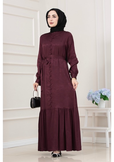 Jakar Desenli Düğmeli Abiye Elbise-bordo-5705