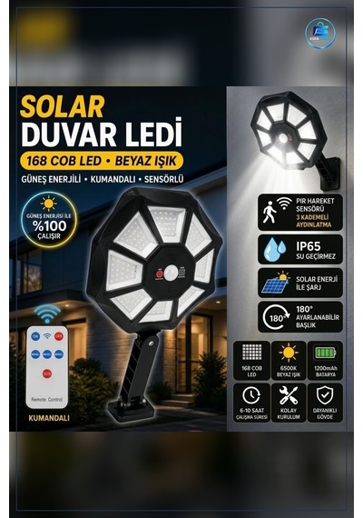 Solar Duvar Lambası Hareket Sensörlü Kumandalı Kablosuz Su Geçirm