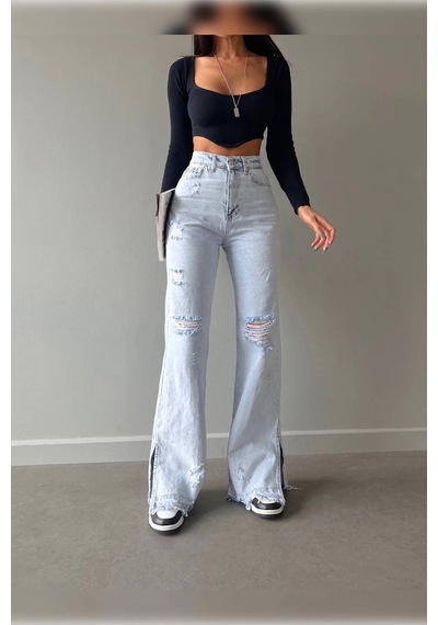 Buz Mavi Lazer Detaylı Premium Yıkamalı Wide Leg Jeans Buz Mavi Lazer