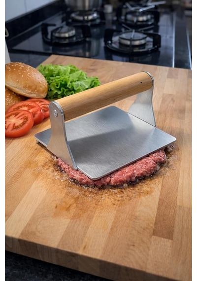 304 Paslanmaz Çelik Kare Burger Presi / 12 Cm Ahşap Saplı Smasher / 3 Mm Kalın Paslanmaz Çelik Gövde / Izgara Ve B