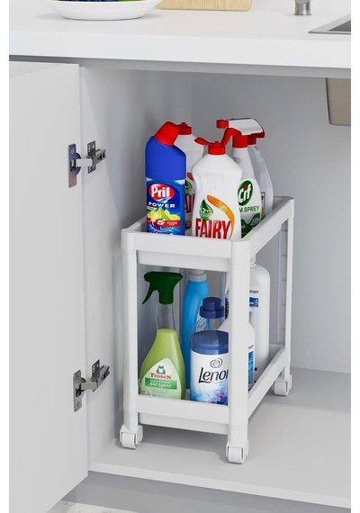 Tekerlekli 2 Katlı Raf Organizer, Beyaz Muk-02-mjb03-b