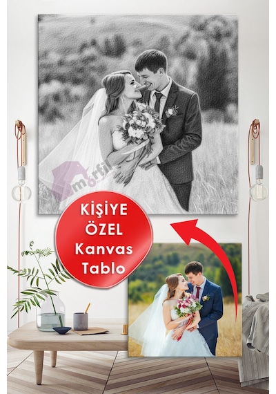 Kişiye Özel Karakalem Efektli Fotoğraf Dijital Baskı Dekoratif Kanvas Tablo 8 Farklı Ölçü