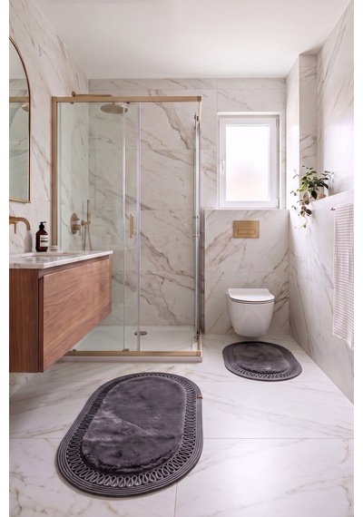 Banyo Paspası Takımı 60x100+40x60 Cm İç Trikot Antrasit Gri & Antrasit Gri