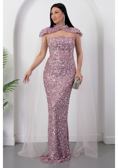 Kalopya Straplez Yaka Bolerolu Pullu Abiye Elbise Ecr5683 Pembe