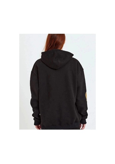 Freedom Store Kadın Oversize Kapüşonlu Cepli Ön Kol Baskılı 3 İplik Pamuklu Hoodie Sweatshirt - Siyah