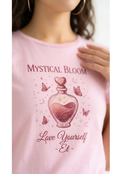 Hoxie Kadın Açık Pembe 'mystical Bloom' İksir Ve Kelebek Baskılı Bisiklet Yaka Kısa Kollu Tişört
