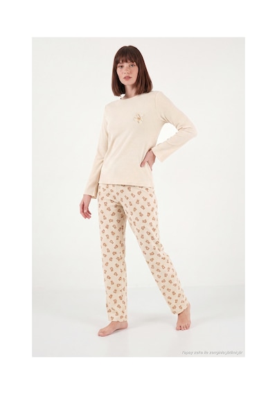 Lela Yumuşak Dokulu Desenli Uzun Kollu Pijama Takımı Kadın Pijama Takımı 6575018 Krem