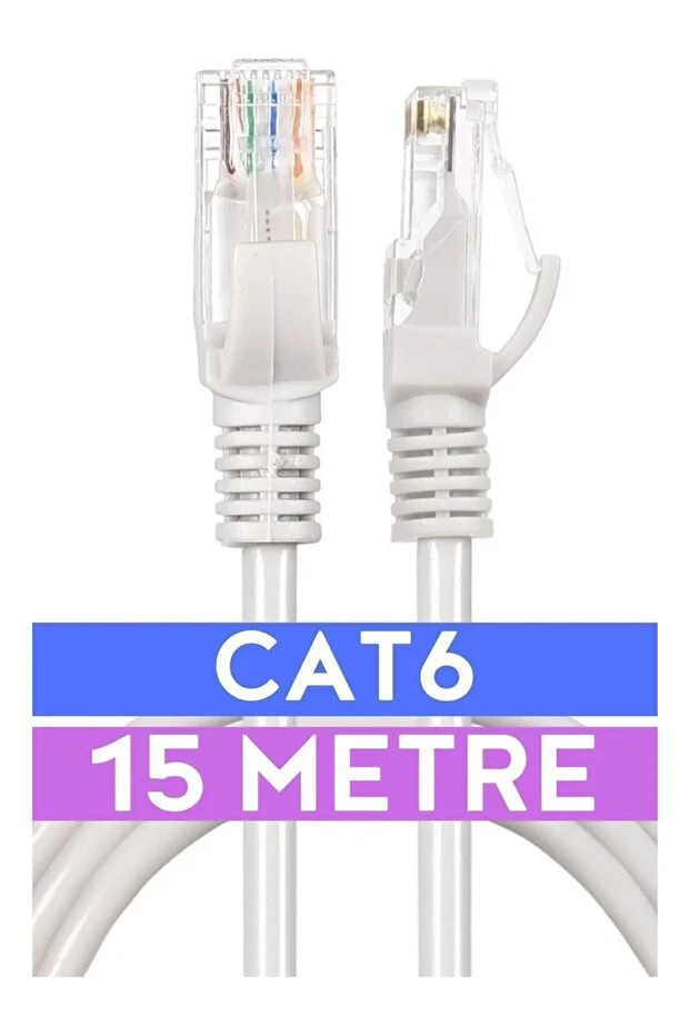 15 Metrelik Cat6 Lan Fabrikasyon Internet Data Kablosu Ethernet Modem Rj45 Uçlu Jacklı Network Adsl