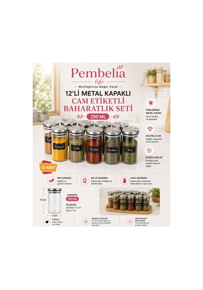 Etiketli 250 Ml Metal Kapaklı 12 Adet Cam Kavanoz Baharatlık Seti Diğer
