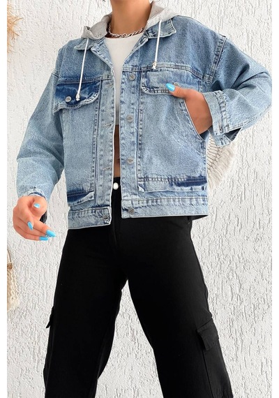Kadın Çıkarılabilir Kapüşonlu Cepli Denim Ceket Astarsız & Çok Amaçlı Kullanım Mavi