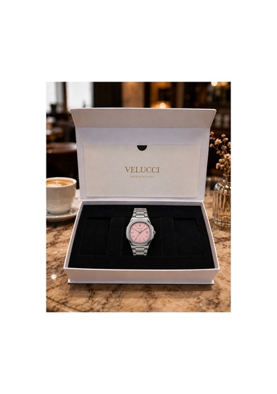 Velucci Penta Çelik Kordon Erkek Kol Saati Pembe Kadran Takvimli Sport Analog Gümüş