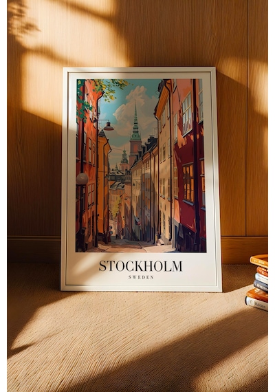 Stockholm Sweden Vintage Seyahat Posteri Çerçeveli Tablo - Premium Gamla Stan Elit Duvar Dekoru Beyaz