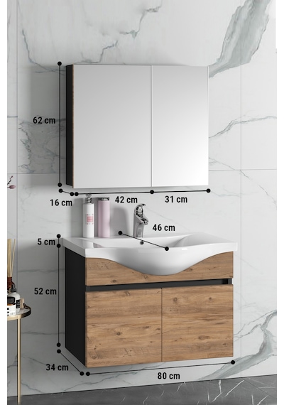 Yıldız 80 Cm Antrasit Gri Mat-Atlantik Çam Mdf Seramik Lavabolu A Antrasit - Atlantik Çam