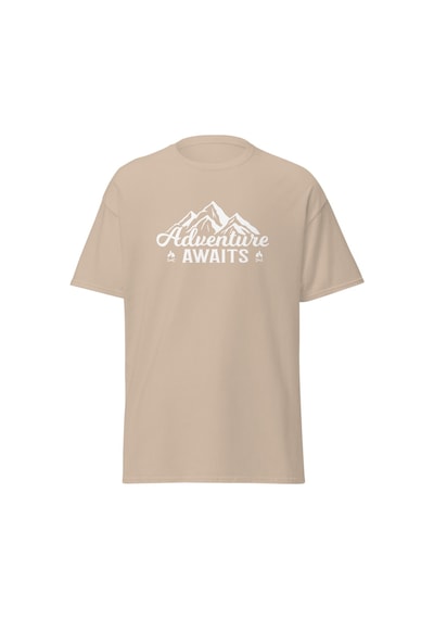 Wildstyle Adventure Awaits Dağ Macera Temalı Baskılı Unisex Bisiklet Yaka Pamuklu Tişört Camel