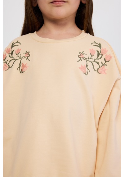 Panço Kız Çocuk Nakış Detaylı Bej Sweatshirt Krem