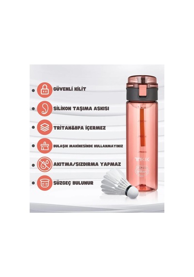 Tkk 550ml Pipetsiz Rahat İçim Kilitlenebilir Kapak Taşıma Kulplu Tritan Su Matarası Pembe Diğer